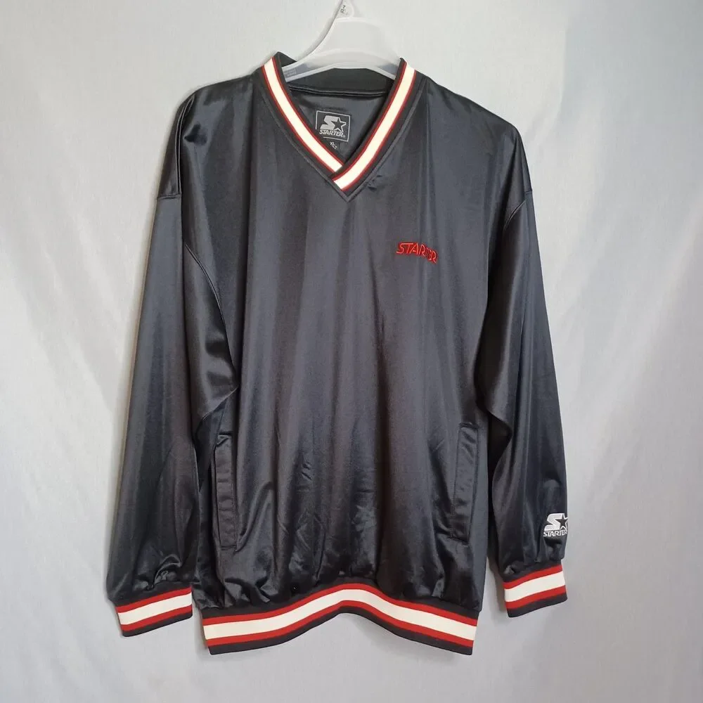 Starter Jacket Mens XL Pullover Black Red White Striped Trim 90s Classic Vintage